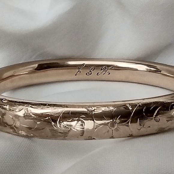 Antique Monogrammed HEJ Floral Golden Cuff Hinged Bracelet By A & Z  1/10 Gold - Picture 1 of 11